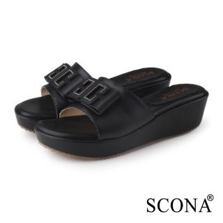【SCONA 蘇格南】真皮 簡約蝴蝶結厚底涼拖鞋(黑色 31218-1)