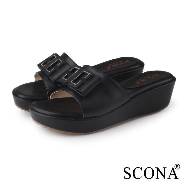 【SCONA 蘇格南】真皮 簡約蝴蝶結厚底涼拖鞋(黑色 31218-1)