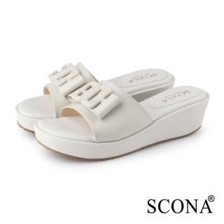 【SCONA 蘇格南】真皮 簡約蝴蝶結厚底涼拖鞋(米色 31218-2)