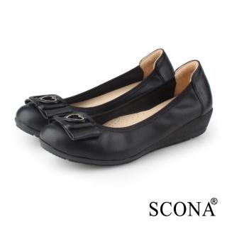 【SCONA 蘇格南】全真皮 甜美舒適楔型娃娃鞋(黑色 31216-1)