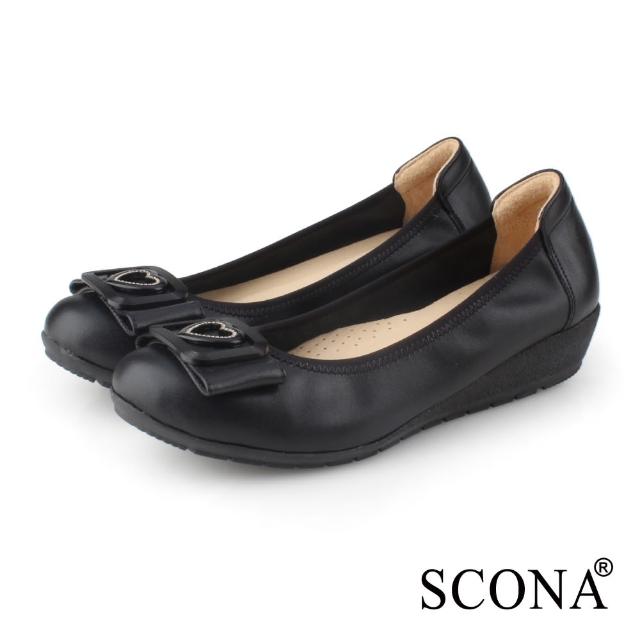 【SCONA 蘇格南】全真皮 甜美舒適楔型娃娃鞋(黑色 31216-1)