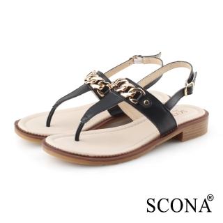 【SCONA 蘇格南】真皮 時尚鍊帶T字涼鞋(黑色 31238-1)