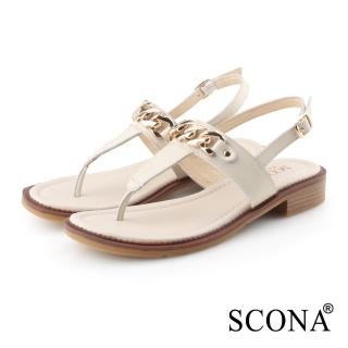 【SCONA 蘇格南】真皮 時尚鍊帶T字涼鞋(米色 31238-2)