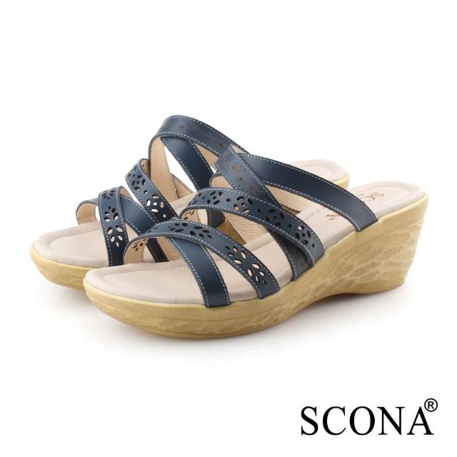 【SCONA 蘇格南】真皮 雷射交叉楔型涼拖鞋(藍色 31241-2)