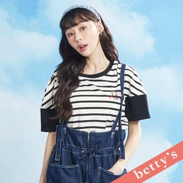 【betty’s 貝蒂思】愛心小熊刺繡條紋拼接T-shirt(黑色)