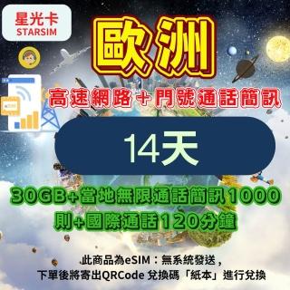 【Star SIM 星光卡】歐洲上網絡卡 14天30GB 當地無限通話 1000則簡訊 全球通話120分鐘(eSIM兌換碼紙本寄送)