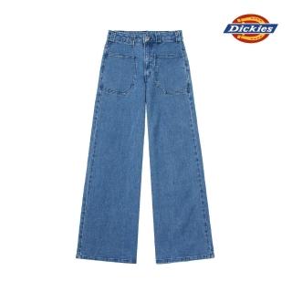 【Dickies】女款藍丹寧前側雙口袋彈性高腰闊腿休閒長褲｜DK0A87T30MB