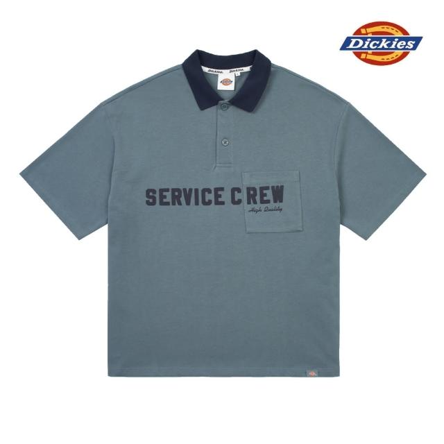 【Dickies】男款暴風藍重磅純棉撞色領胸前印花寬鬆短袖Polo衫｜DK0A87R8G70