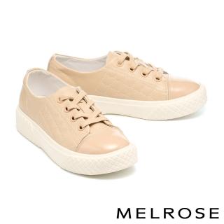 【MELROSE】美樂斯 慵懶舒適亮感拼接格紋牛皮QQ厚底休閒鞋(杏)