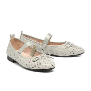 【MELROSE】美樂斯 甜美氣質蝴蝶結瑪莉珍鏤空羊皮Q軟娃娃低跟鞋(灰)