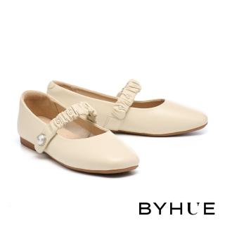 【BYHUE】韓系珍珠蝴蝶釦抓皺寬帶全真皮瑪莉珍軟芯Q底平底鞋(米白)