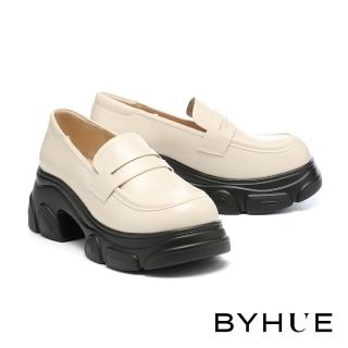 【BYHUE】個性街頭感牛油皮便仕樂福軟芯厚底鞋(米白)