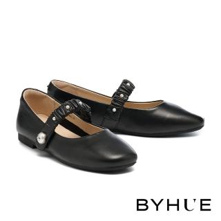 【BYHUE】韓系珍珠蝴蝶釦抓皺寬帶全真皮瑪莉珍軟芯Q底平底鞋(黑)