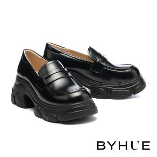 【BYHUE】個性街頭感牛油皮便仕樂福軟芯厚底鞋(黑)