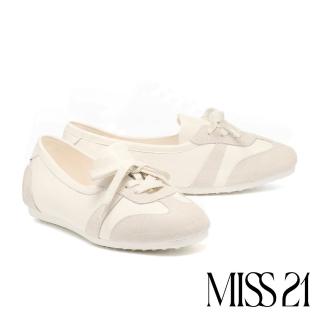 【MISS 21】美式太空球場風羊皮撞色拼接綁帶厚底休閒鞋(白)