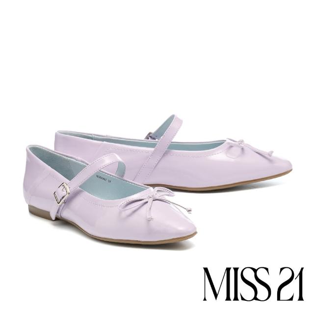 【MISS 21】可愛小美好蝴蝶結軟漆皮小方頭瑪莉珍低跟鞋(紫)