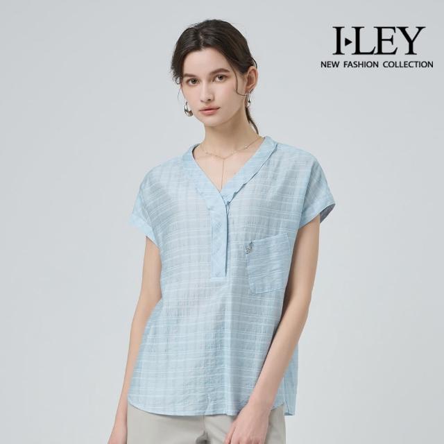 【ILEY 伊蕾】萊賽爾格紋V領上衣(淺藍；M-XL；1252011016)