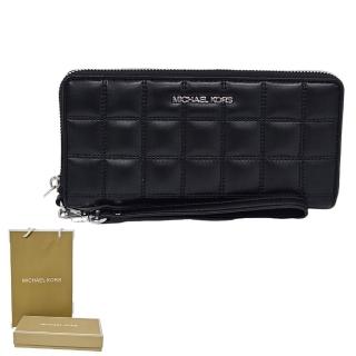 【Michael Kors】MK 皮革 小香風絎縫格子拉鍊長夾(黑色／贈原廠紙袋紙盒/母親節送禮)