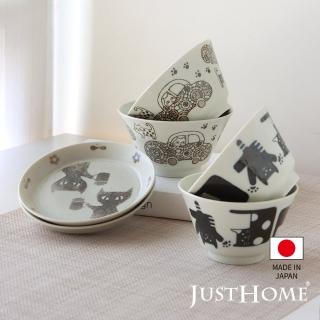 【Just Home】日本製手繪貓陶瓷6件碗盤組-黑貓白貓(可微波 飯碗 碗 碗盤 點心碗 湯碗 點心盤)