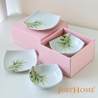 【Just Home】日本製蘊葉陶瓷餐盤4件禮盒組(日本製 瓷盤 可微波 送禮)