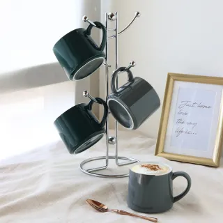 【Just Home】奢金色調陶瓷馬克杯4入組-附收納架(300ml 馬克杯 杯子 水杯 拿鐵杯 茶杯 辦公室 送禮)