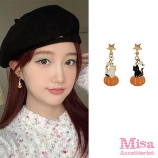 【MISA】韓國設計S925銀針不對稱可愛南瓜黑白貓咪造型耳環(S925銀針耳環 黑白耳環 貓咪耳環)