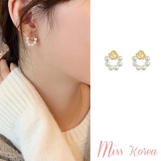 【MISS KOREA】韓國設計S925銀針浪漫氣質玫瑰珍珠圈圈造型耳環(S925銀針耳環 玫瑰耳環 珍珠耳環)