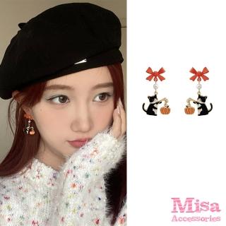 【MISA】韓國設計S925銀針可愛小貓咪南瓜燈籠造型耳環(S925銀針耳環 貓咪耳環 燈籠耳環)
