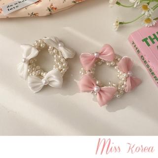 【MISS KOREA】蝴蝶結髮圈 珍珠鍊髮圈/韓國設計浪漫雪紡蝴蝶結珍珠鍊髮圈 髮繩(2色任選)