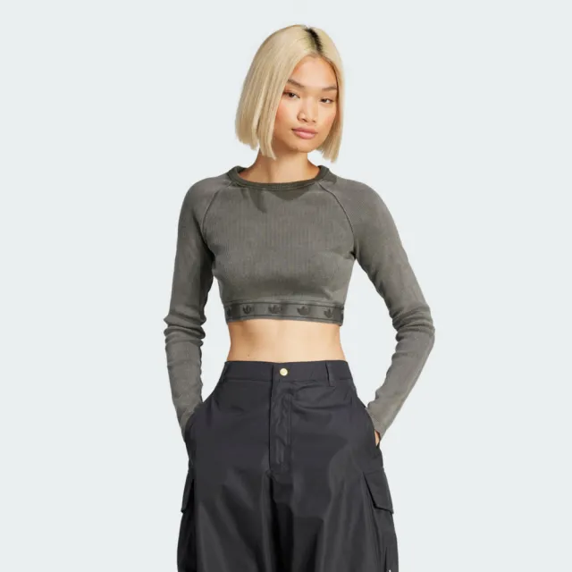【adidas 愛迪達】RIB LS TOP 女 長袖上衣 休閒長袖 短版 羅紋 灰(JD0014)