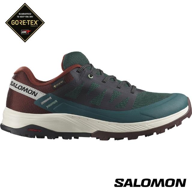 【salomon官方直營】男 OUTRISE Goretex 低筒登山鞋(松綠/深褐紫/香草白)