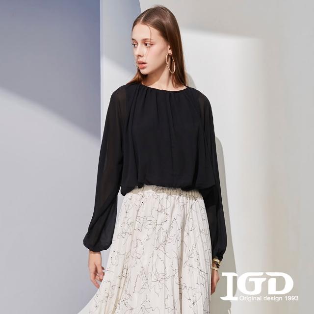 【IGD 英格麗】速達-網路獨賣款-質感抓皺領口雪紡上衣(黑色)