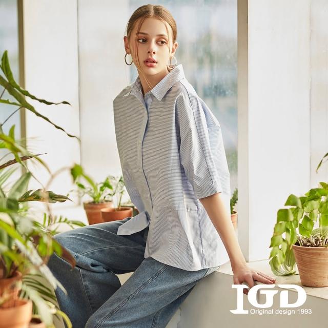 【IGD 英格麗】速達-網路獨賣款-簡約俐落條紋連袖襯衫(藍色)