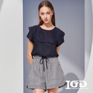 【IGD 英格麗】速達-網路獨賣款-亞麻立體剪接造型上衣(丈青色)