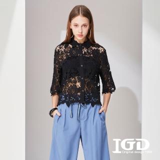 【IGD 英格麗】速達-網路獨賣款-浪漫鏤空蕾絲造型襯衫上衣(黑色)