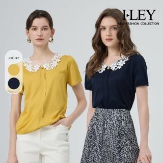 【ILEY 伊蕾】蕾絲翻領絲光棉上衣(兩色；M-2L；1252181104)