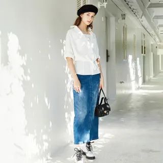 【mia mia】撞色飾帶水洗牛仔長裙