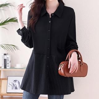 【麗質達人】8093黑色長袖假二件上衣-AA(L-5XL)