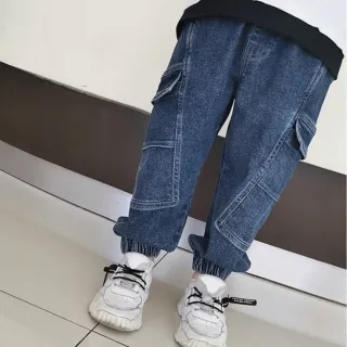 【橘魔法】厚款刷毛 側邊多層口袋牛仔長褲(褲子 縮口褲 牛仔褲 長褲 男童 童裝 兒童)