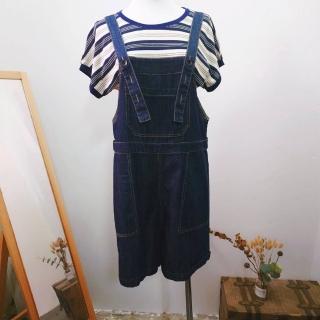 【YUTZUYA 優姿雅】兩件式．蔚藍條紋上衣+休閒吊帶牛仔連身褲裙(兩件式/上衣/吊帶褲/連身褲/牛仔丹寧)