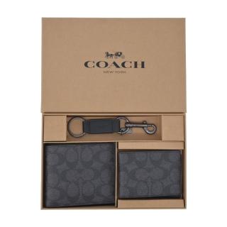 【COACH】經典滿版 LOGO PVC防刮皮革男款8卡短夾禮盒(附證件夾/炭黑)