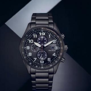 【CITIZEN 星辰】軍風飛行錶光動能三眼計時男錶 黑 43mm(CA0775-79E)