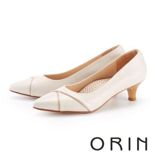 【ORIN】質感羊皮拼接尖頭中跟鞋(米色)