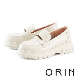 【ORIN】復古金屬片牛皮厚底樂福鞋(米色)