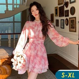 【CHACO】/預購/女春 粉色碎花釘珠立領宮廷泡泡長袖雪紡連身裙#9920(連身裙 粉 洋裝 派對 春酒 春季)