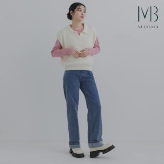 【MO-BO】MIT磨毛條紋圓領開叉上衣