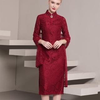 【女神婚紗禮服】優雅國風縷空雕花短袖旗袍媽媽宴會及膝短裙禮服GLL515B#☆色(喜慶旗袍媽媽宴會裝 拉鍊款)