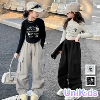【UniKids】中大童裝長袖T恤 短版個性塗鴉上衣 女大童裝 VPMYY25009(灰衣 黑衣)