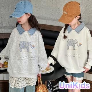 【UniKids】中大童裝長袖翻領大學T恤 牛仔翻領大象印花上衣 女大童裝 CV牛仔領(米白 灰)