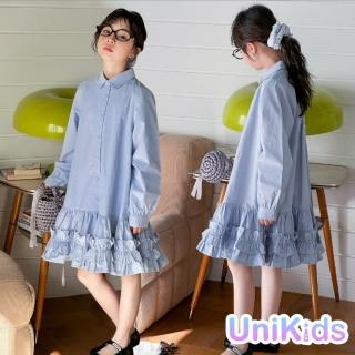【UniKids】中大童裝長袖洋裝 翻領木耳邊裙襬連身裙 女大童裝 CVL870(藍)